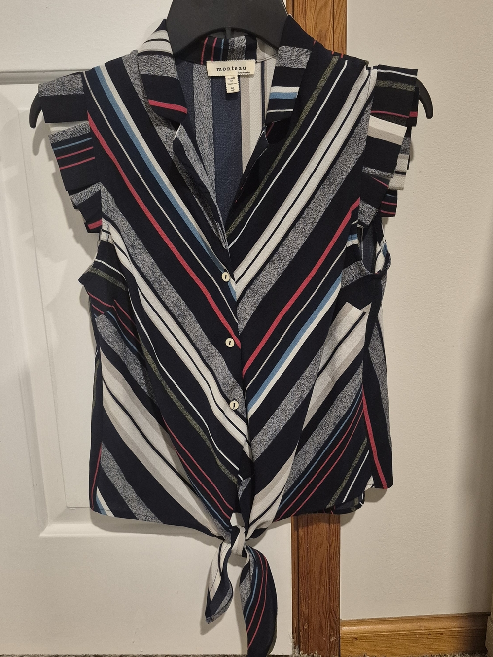 Monteau Navy Striped Tie-Front Sleeveless Blouse